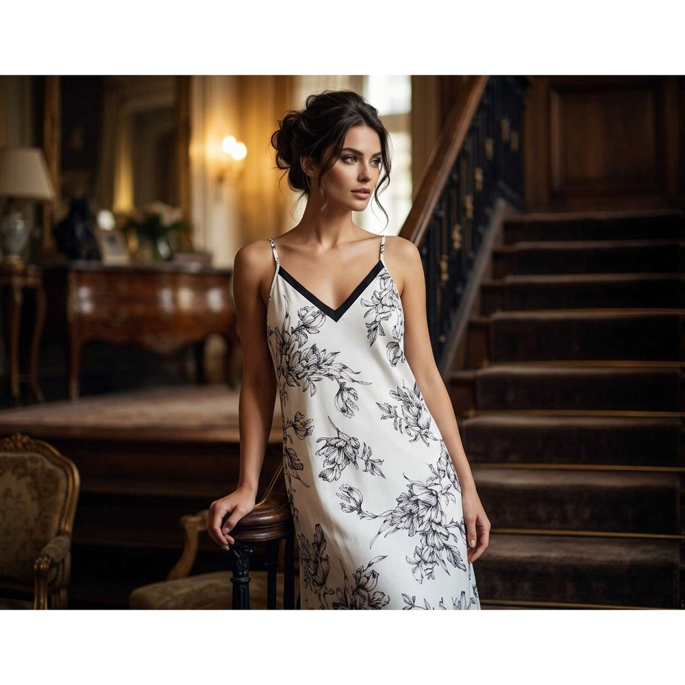 Soma Floral Lace Trim Nightgown Women Medium White Black Adjustable Chemise
